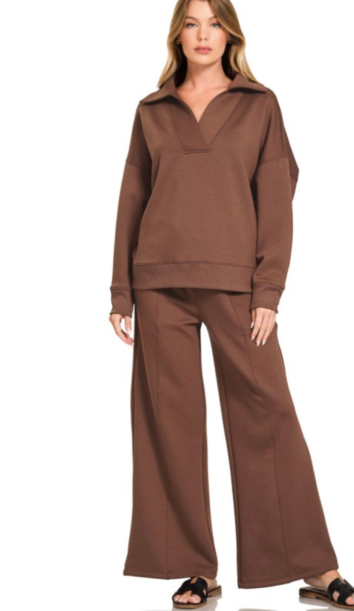 Brown Scuba Fabric Collared Set
