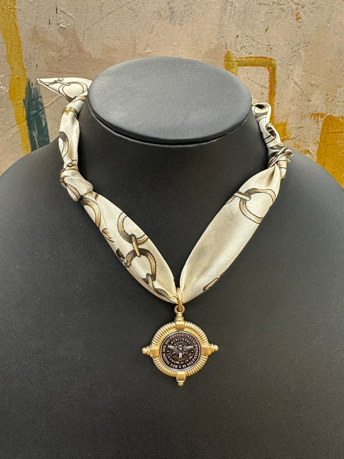 Off White Scarf Necklace with Bee Charm