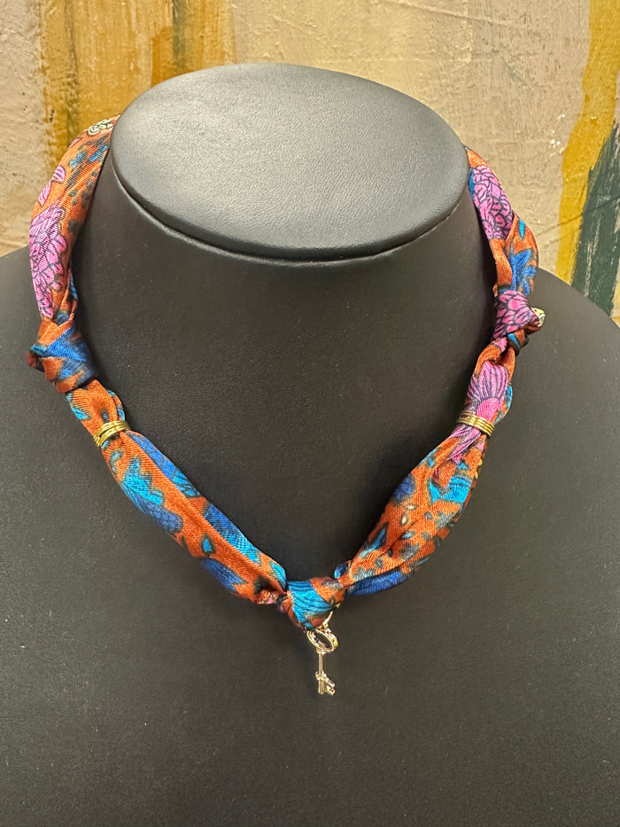 Multicolor Floral Scarf Necklace with Key Charm