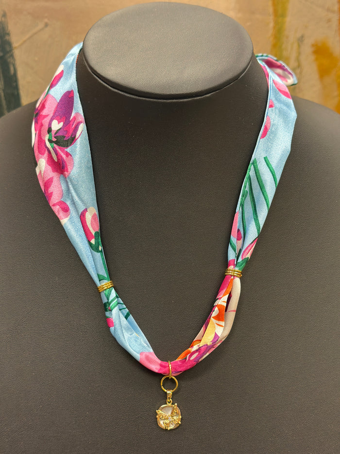 Floral Scarf Necklace with Butterfly Charm