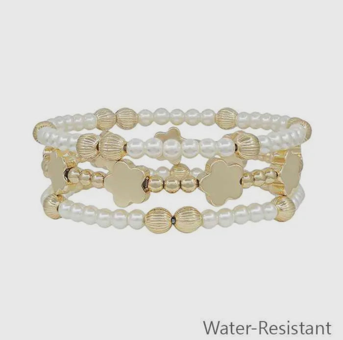 Water Resistant Gold Beaded with Flower and Pearl Set of 3 Stretch
Bracelets