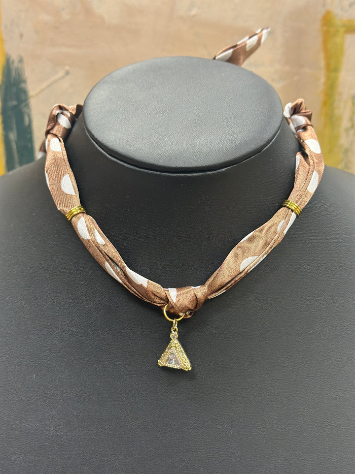 Brown Polka Dot Scarf Necklace with Delta Charm