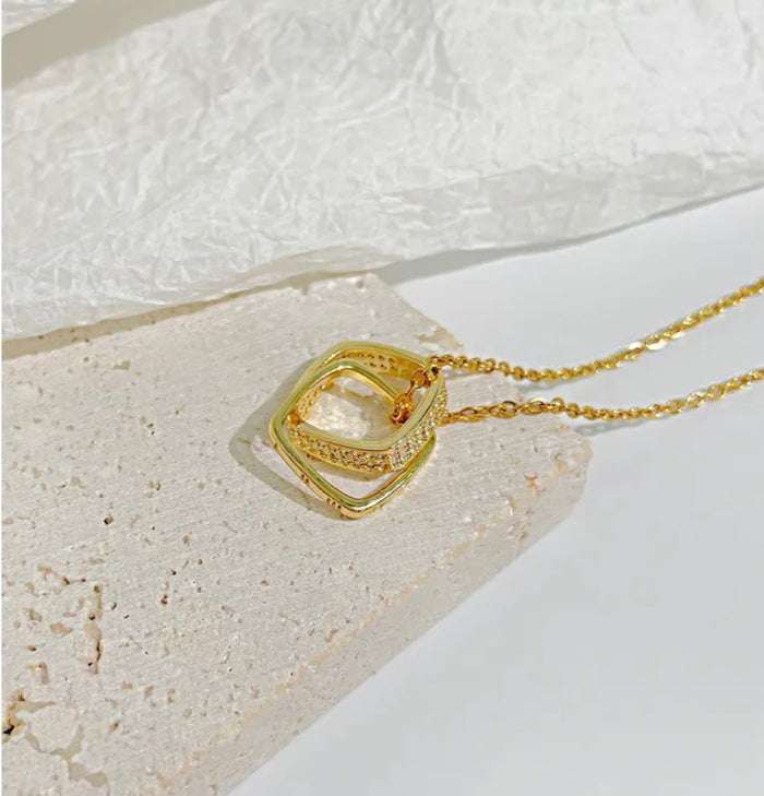 Gold CZ Square Link Necklace