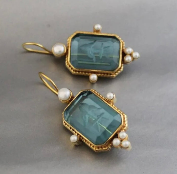 Peacock Green Rectangular Etched Earrings