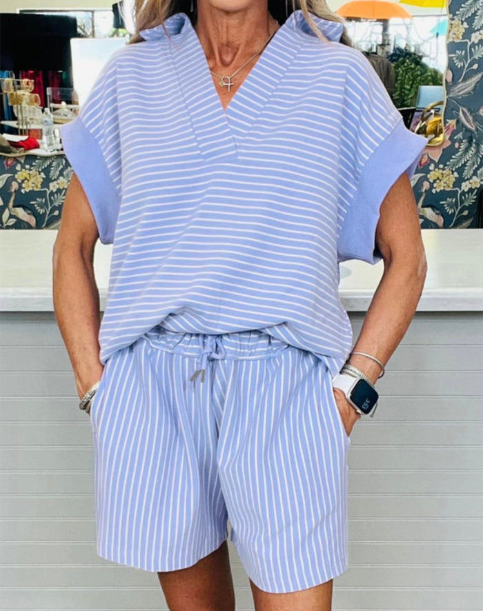 Sky Blue Striped Short Set
