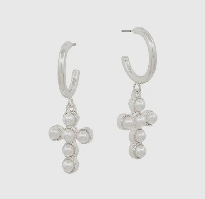 Silver Huggie Hoop Cross Earrings