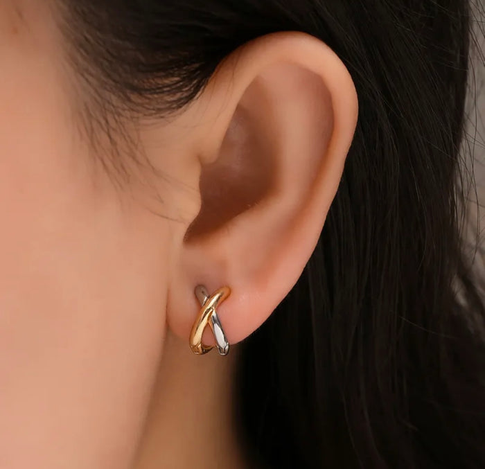 Huggie Hoop X Earrings, Gold/Silver Mix, Gold, OR Silver (FW1)