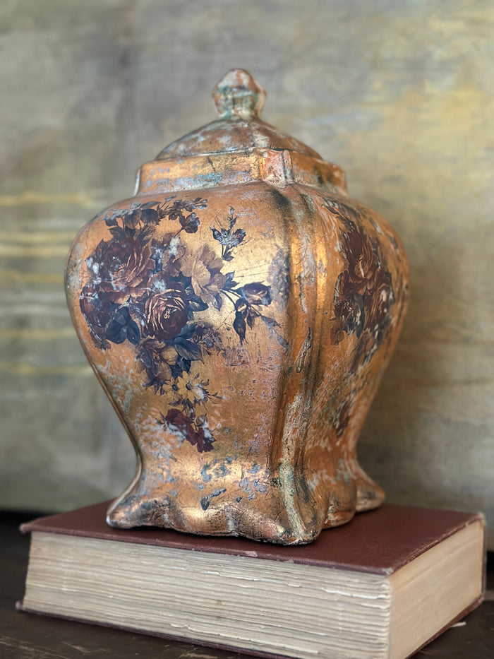 Floral Detailed Copper Leaf Ginger Jar