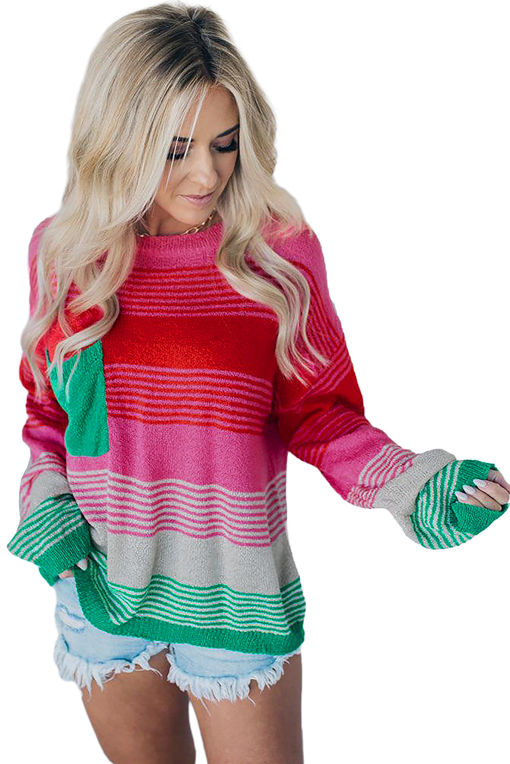 *WEBSITE EXCLUSIVE* Rose Striped Patch Pocket Drop Shoulder Knit Sweater