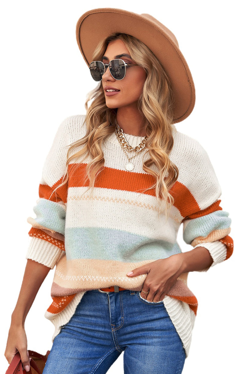 *Website Exclusive* Remington White Striped Color Block Drop Shoulder Knit Sweater