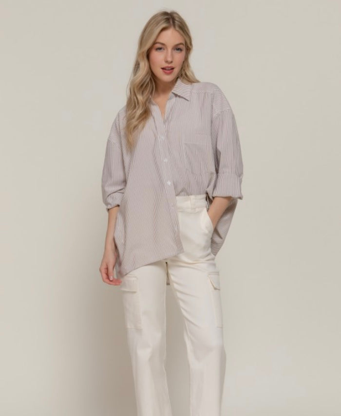Tan & White Striped Button Up Blouse