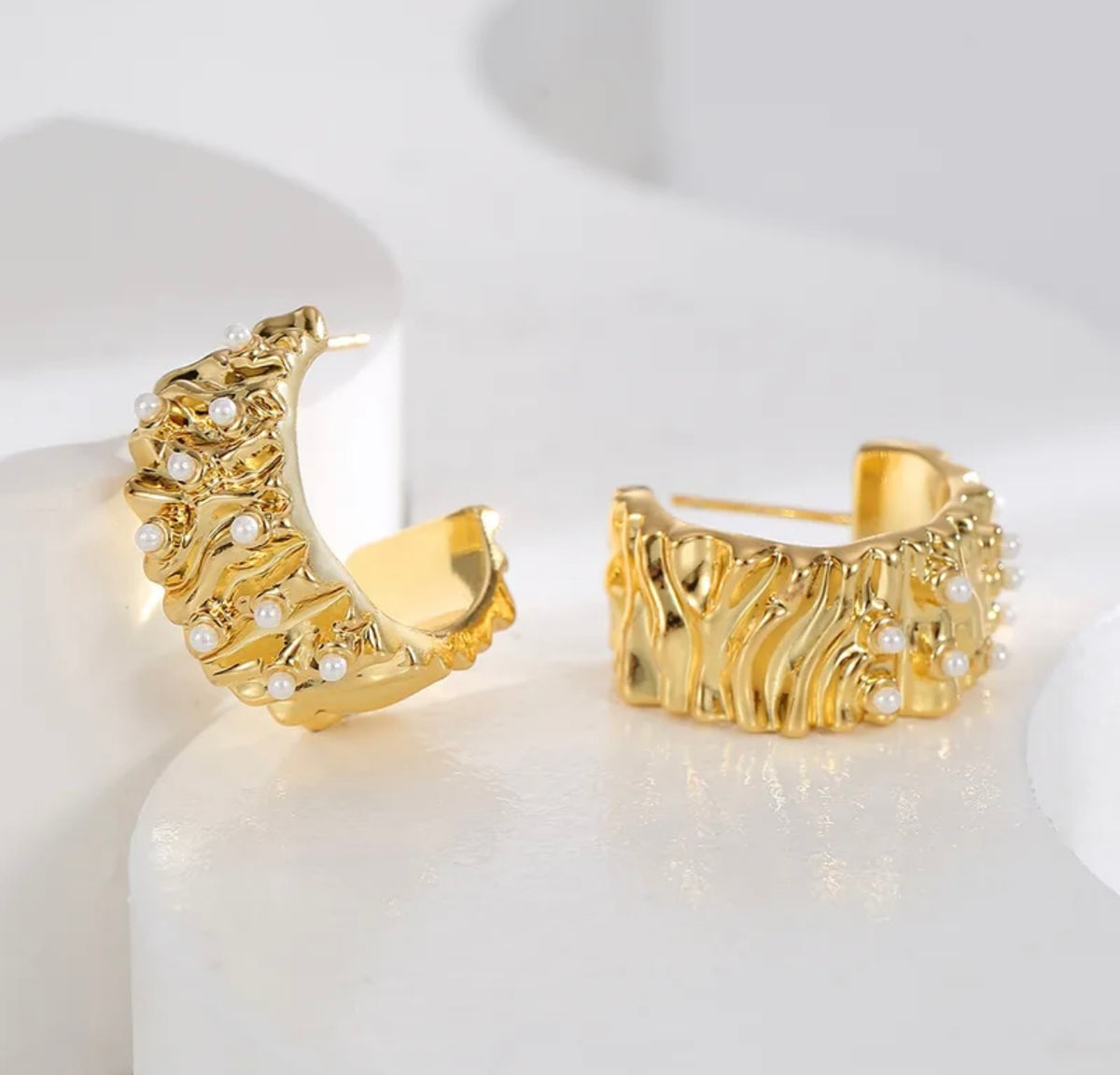 Wavy Gold Hoops with Tiny Pearls