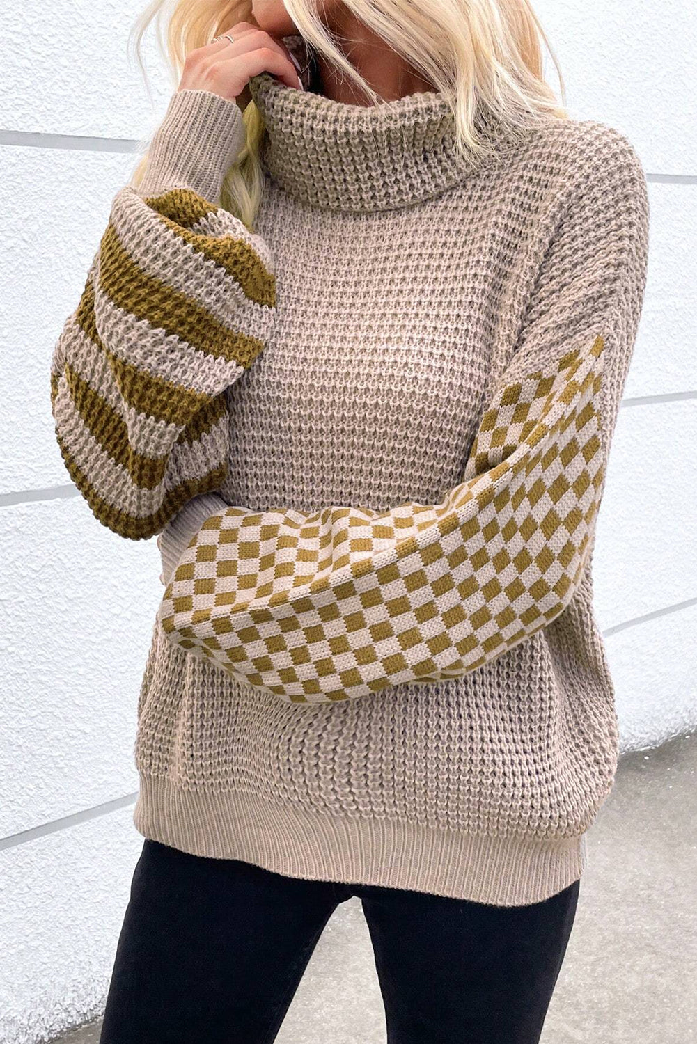 *Website Exclusive * Striped Checked Patchwork Waffle Knit Turtleneck Sweater