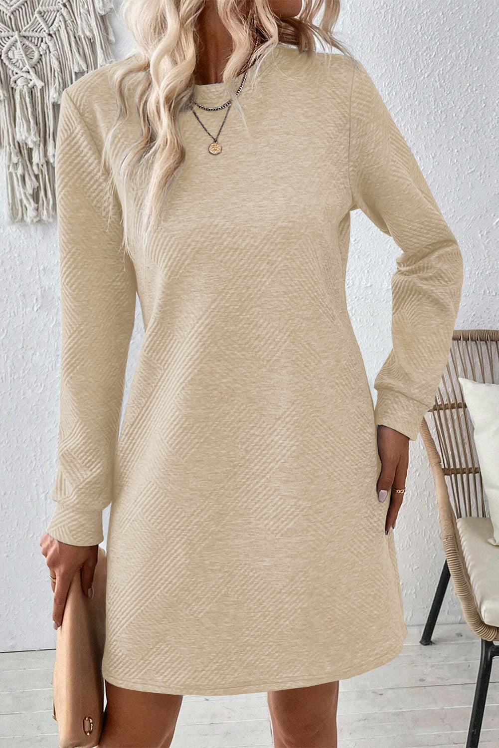 *WEBSITE EXCLUSIVE*  Lainey Plain Textured Long Sleeve Short Dress