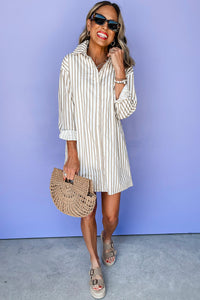 *WEBSITE EXCLUSIVE* Sophia Khaki Stripe Long Sleeve Button Up Mini Shirt Dress