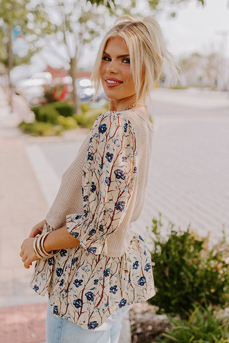 *WEBSITE EXCLUSIVE* Beige Faux Two Piece Knit Patchwork Floral Plus Size Top