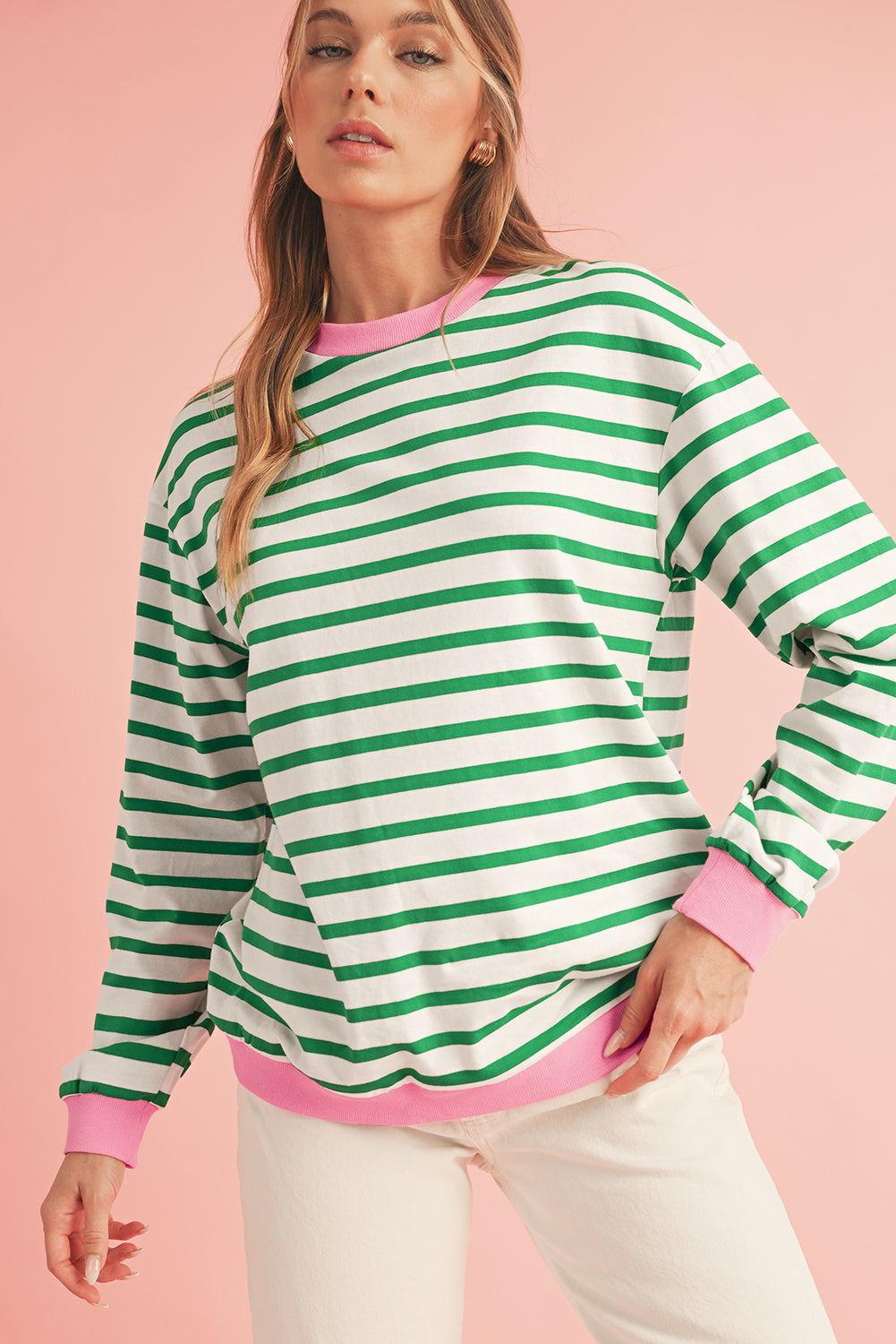 *Website Exclusive* Striped Contrast Trim Long Sleeve Top