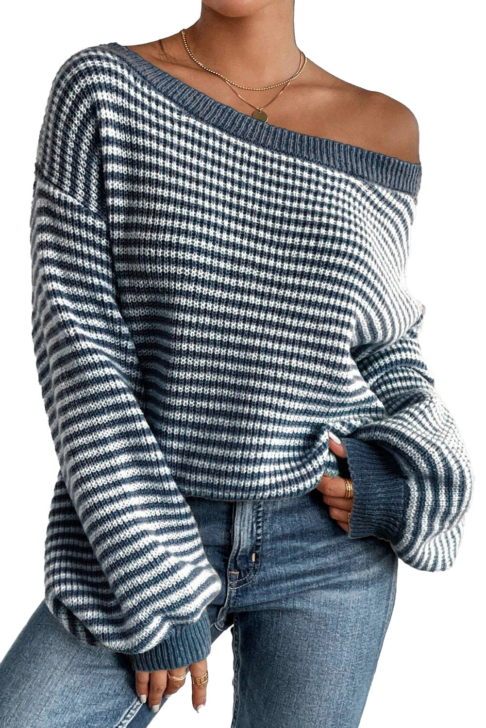 *WEBSITE EXCLUSIVE* Blue Striped Drop Shoulder Sleeve Sweater