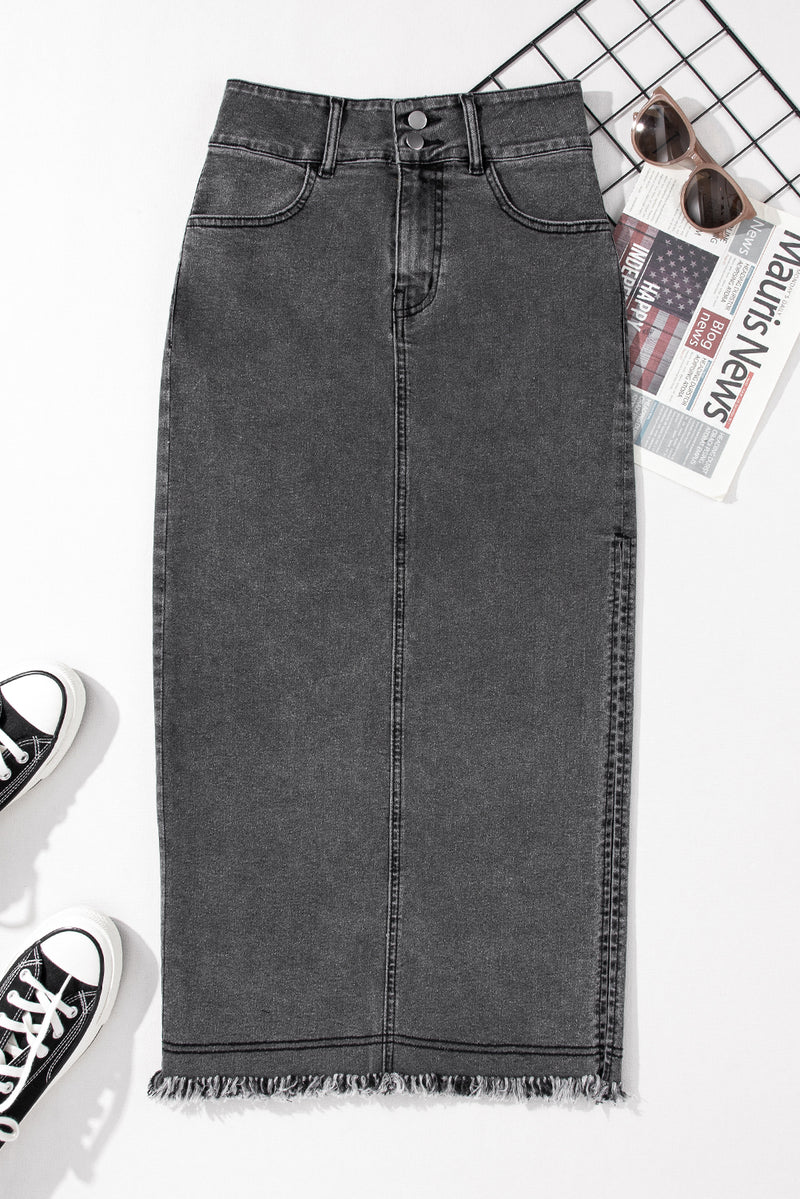 *Website Exclusive* Black Raw Edge Side Slits Buttoned Midi Denim Skirt