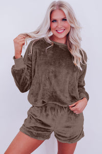 *WEBSITE EXCLUSIVE* Coffee Solid Loose Fit High Waist Fleece Loungewear Set