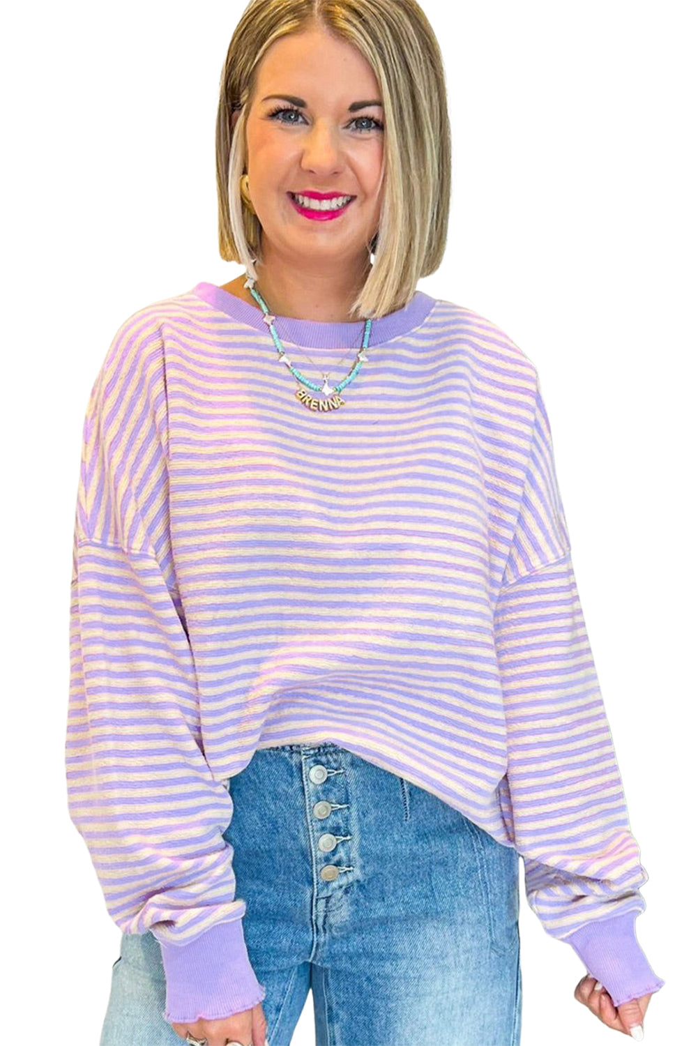 *WEBSITE EXCLUSIVE*  Flora Pink Stripe Drop Shoulder Long Sleeve Top