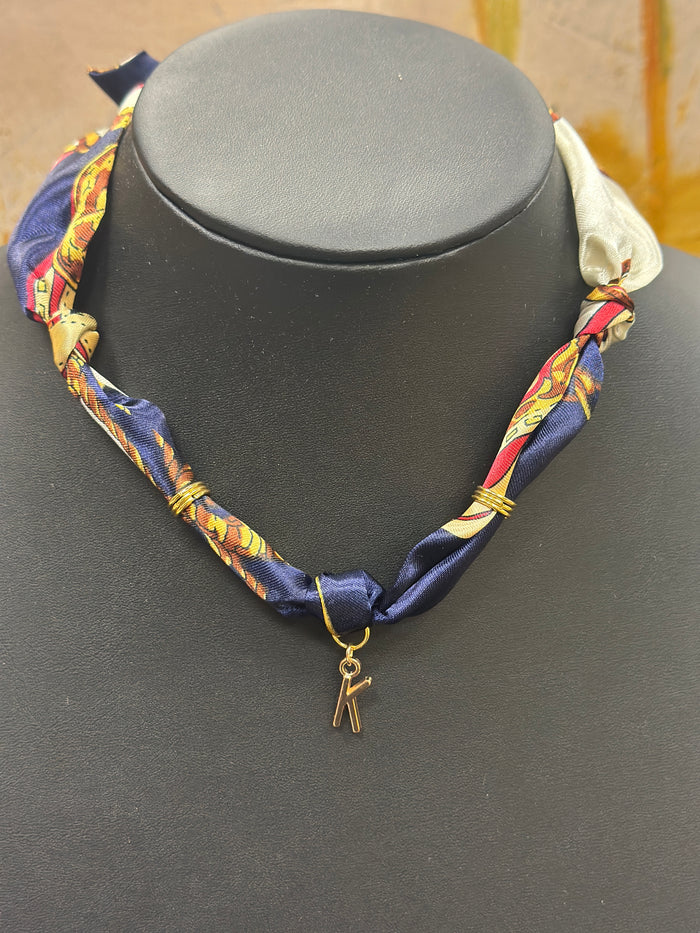Navy Scarf Necklace “K” Charm
