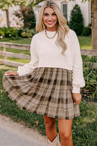 *WEBSITE EXCLUSIVE* Bella Beige Plaid Patchwork High Waist Sweatshirt Mini Dress