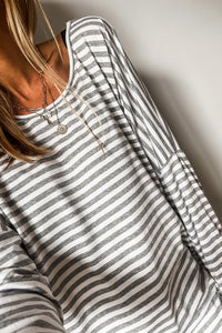 *WEBSITE EXCLUSIVE* Gray Stripe Drop Sleeve Round Neck Oversized Top