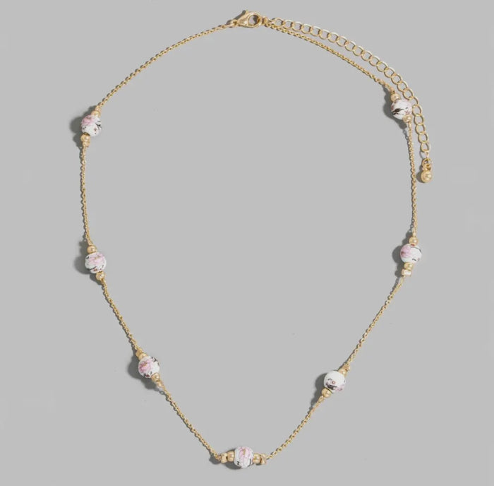 Ceramic Bead Pink Floral Necklace