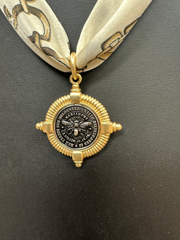 Off White Scarf Necklace with Bee Charm