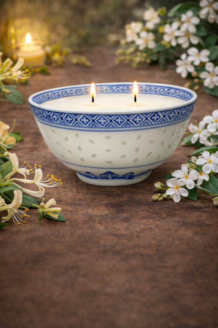 Honeysuckle Jasmine Candle in Blue & White Bowl