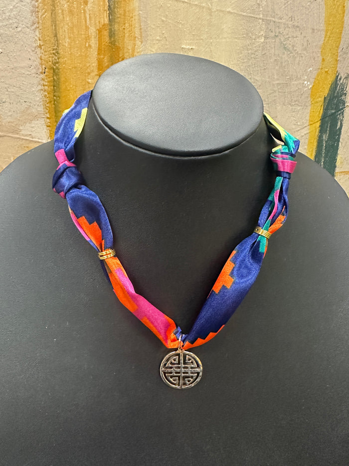Multi Color Scarf Necklace/Round Charm