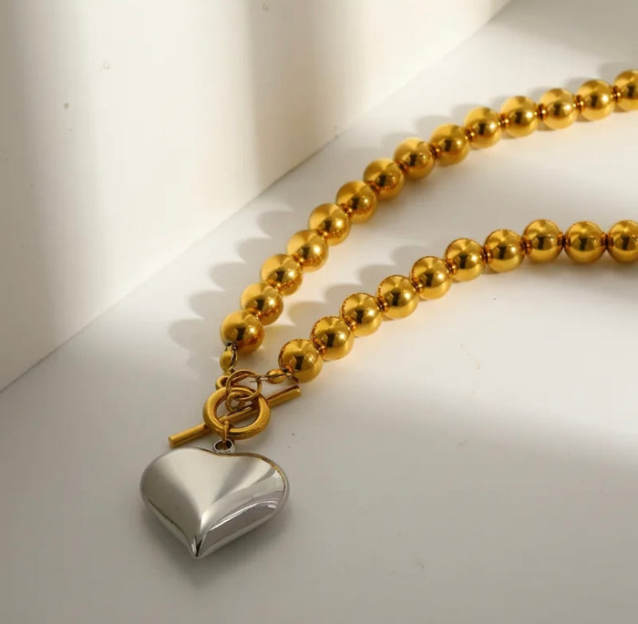 Gold Beaded Necklace with Silver Puffy Heart