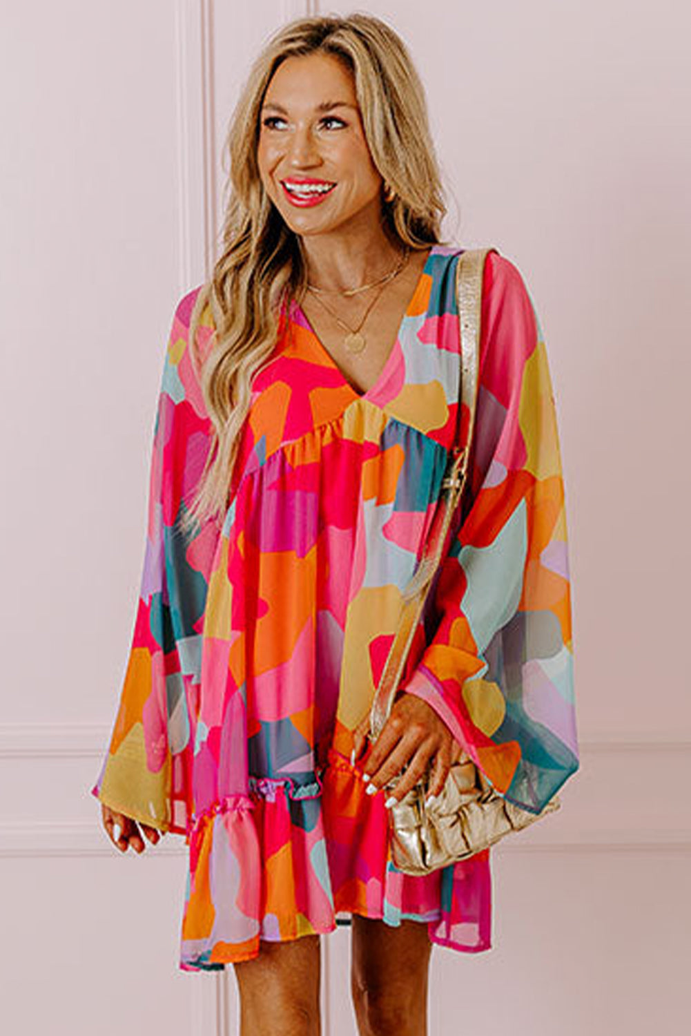 *WEBSITE EXCLUSIVE*  Abstract Print Bell Sleeve V Neck Babydoll Dress