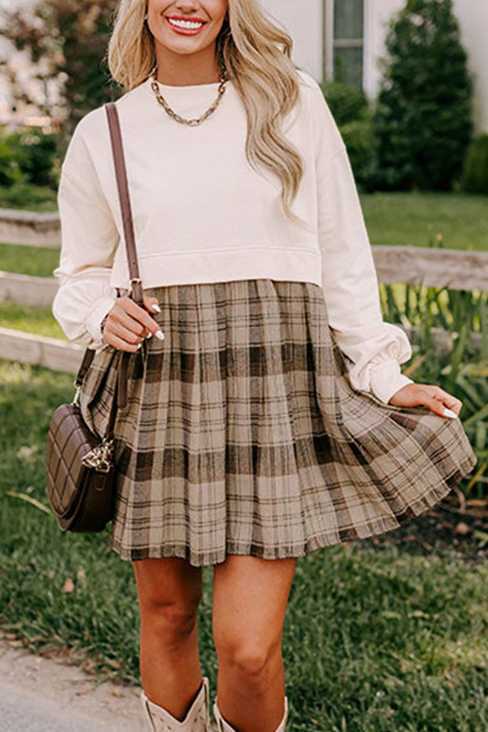 *WEBSITE EXCLUSIVE* Bella Beige Plaid Patchwork High Waist Sweatshirt Mini Dress