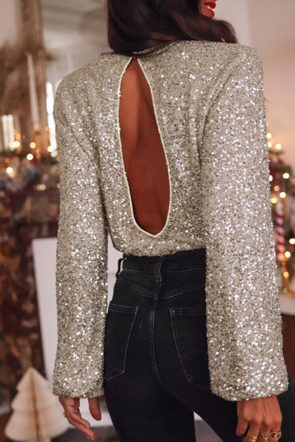 *WEBSITE EXCLUSIVE* Silver Sequin Puff Sleeve Cutout Back Blouse