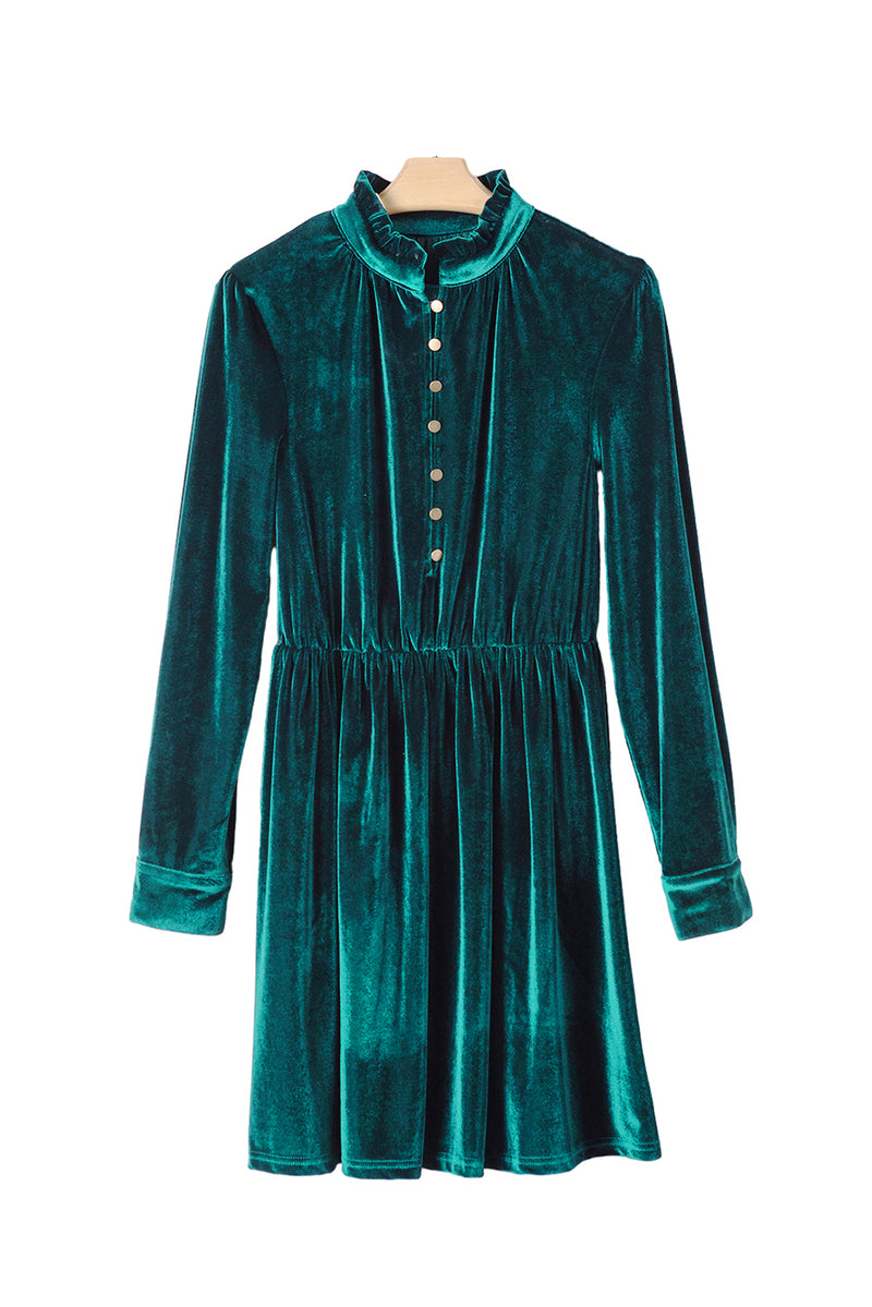 *Website Exclusive* Green Velvet Frill Neckline Buttoned Front Ruffle Mini Dress