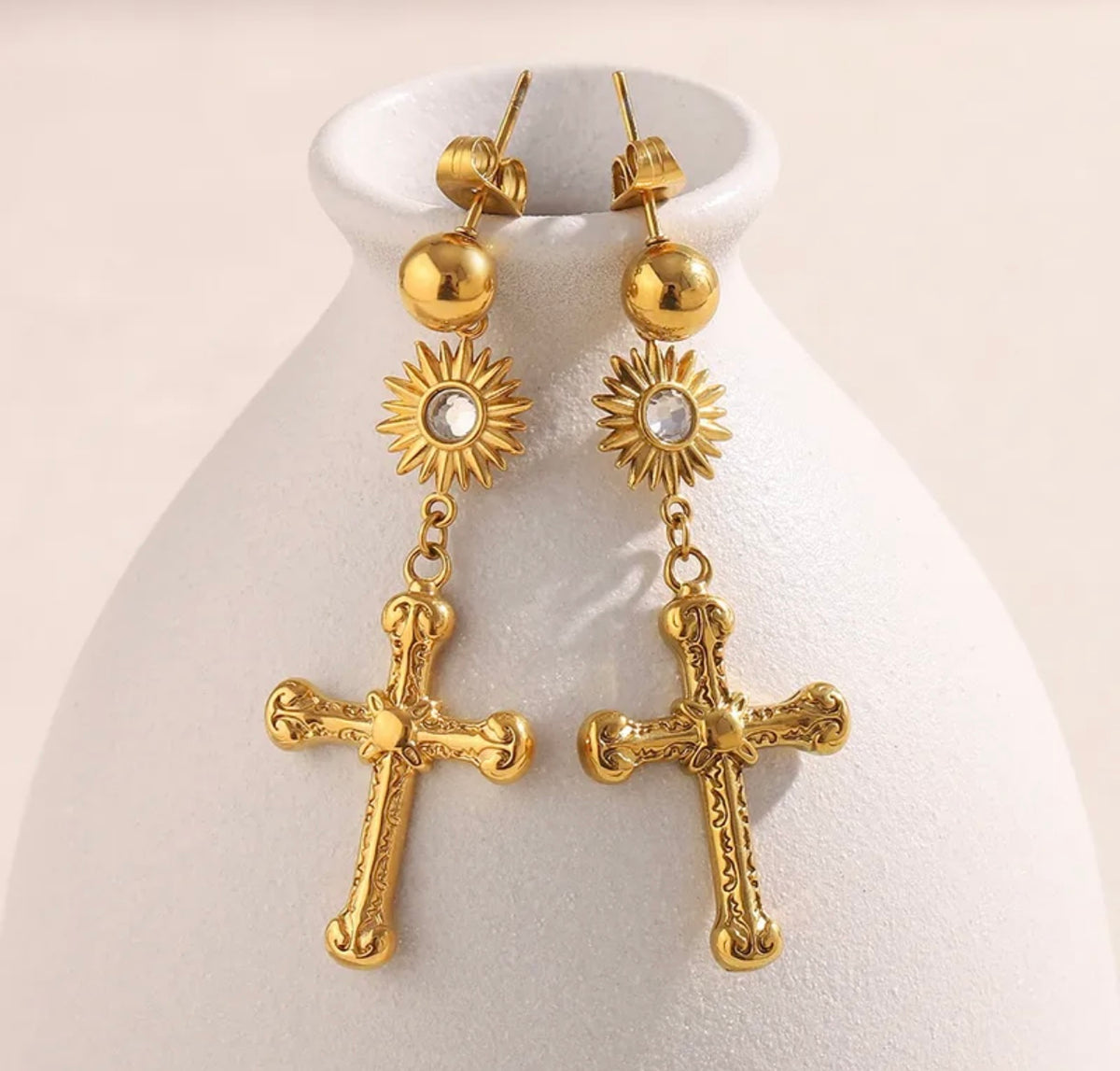 Gold Dangle Cross Earrings