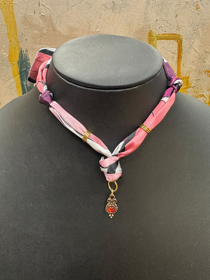 Pink Scarf Necklace with Dark Pink Charm
