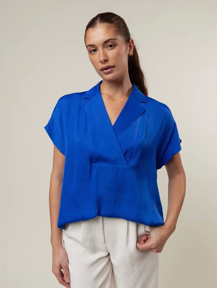 Short Sleeve Royal Blue Collared Blouse
