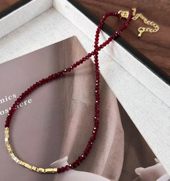 Burgundy Bead Necklace with Multiple Gold Beads (FW)