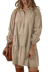 *WEBSITE EXCLUSIVE* Tan Puff Sleeve Buttoned Tiered Pleated Mini Shirt Dress