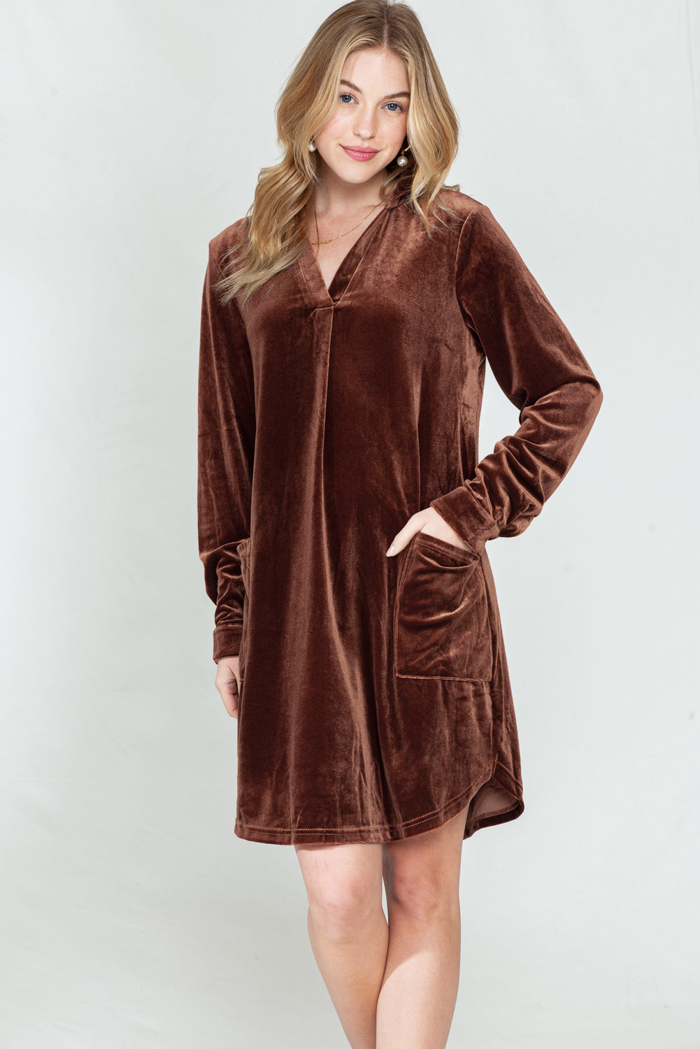 *Website Exclusive* Coffee Roll Tab Sleeve Collared V Neck Velvet Dress