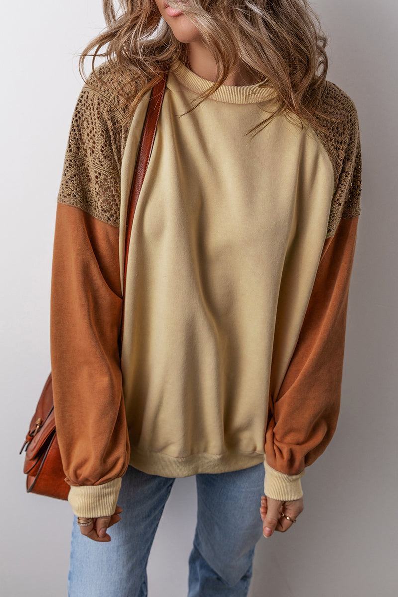 *WEBSITE EXCLUSIVE* Khaki Crochet Patchwork Raglan Sleeve Sweatshirt