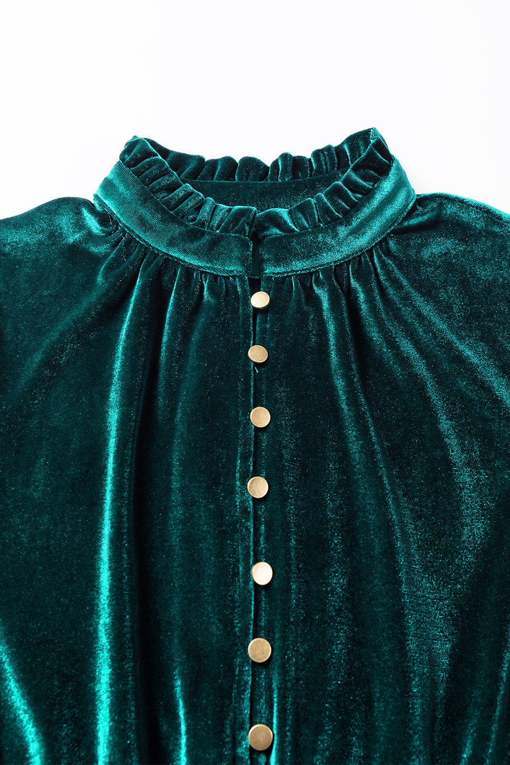 *Website Exclusive* Green Velvet Frill Neckline Buttoned Front Ruffle Mini Dress