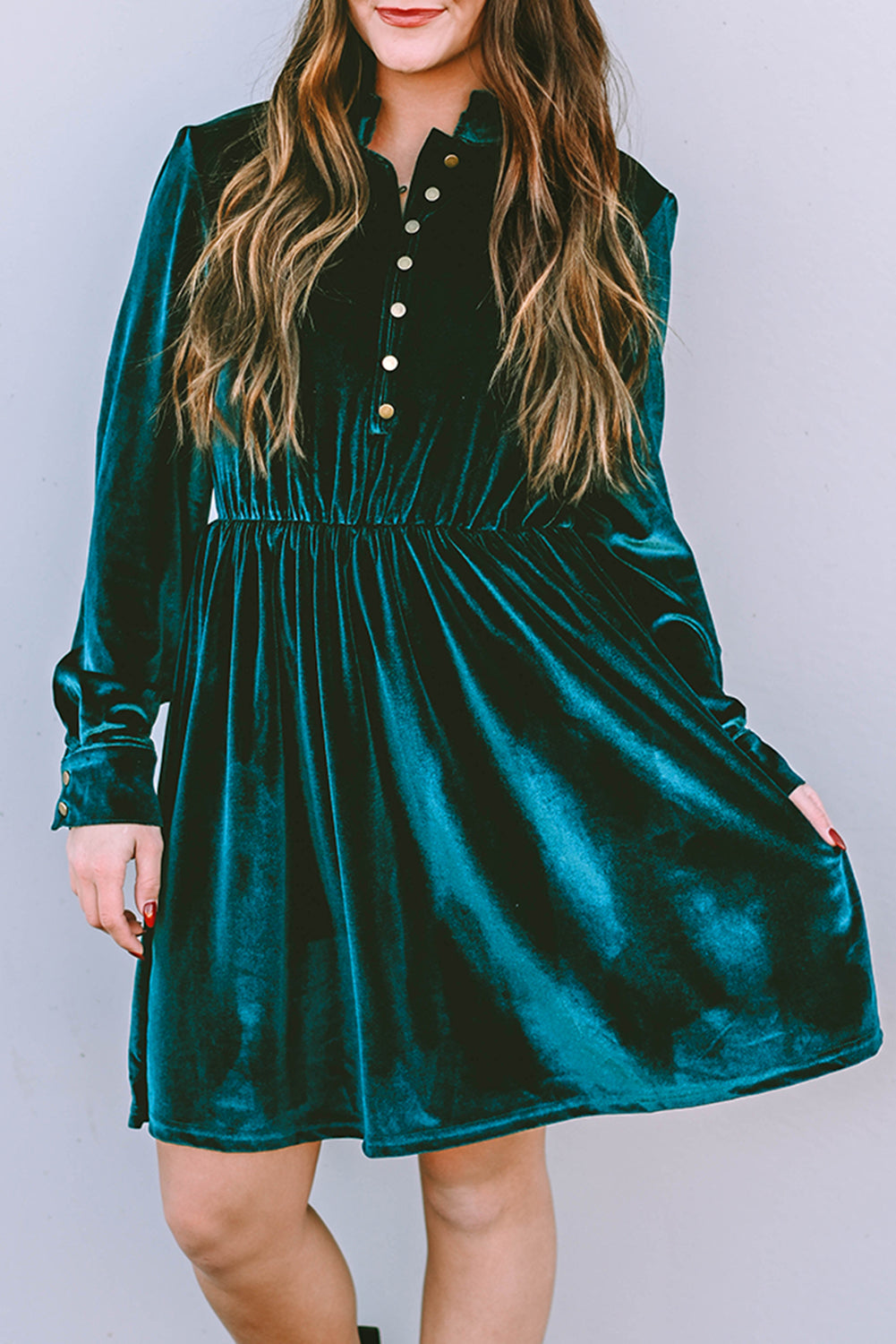 *Website Exclusive* Green Velvet Frill Neckline Buttoned Front Ruffle Mini Dress