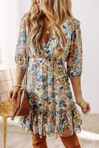 *WEBSITE EXCLUSIVE*  Floral 3/4 Sleeve V Neck High Waist Ruffled Dress