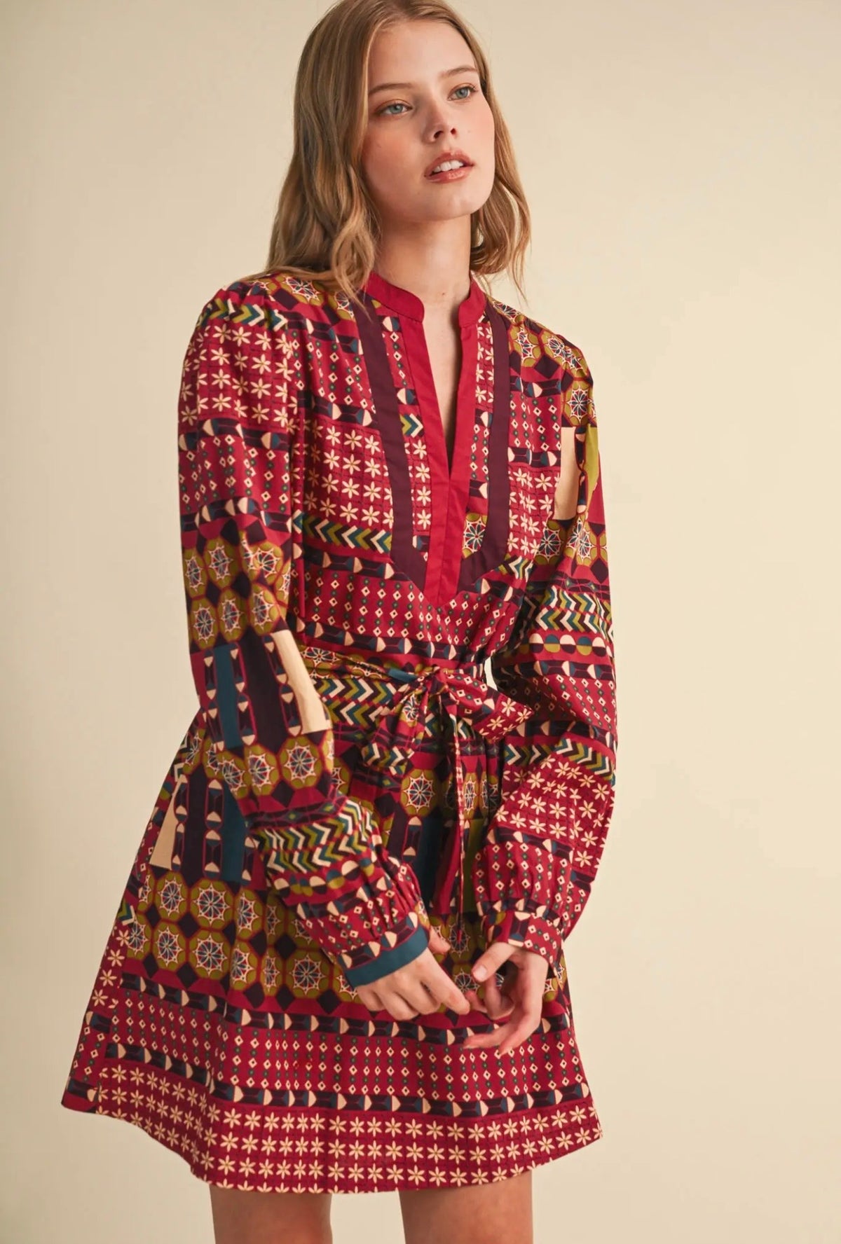 Burgundy Belted Boho Dress