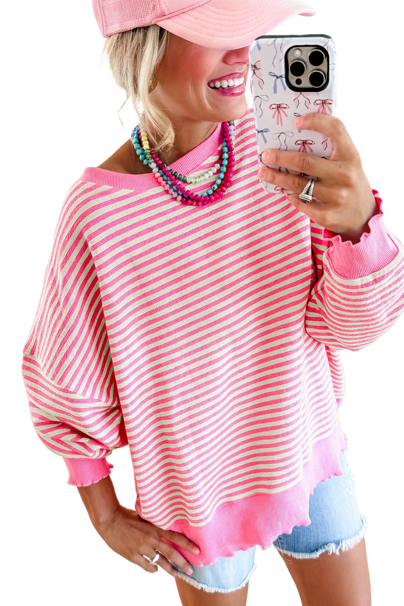 *WEBSITE EXCLUSIVE*  Flora Pink Stripe Drop Shoulder Long Sleeve Top