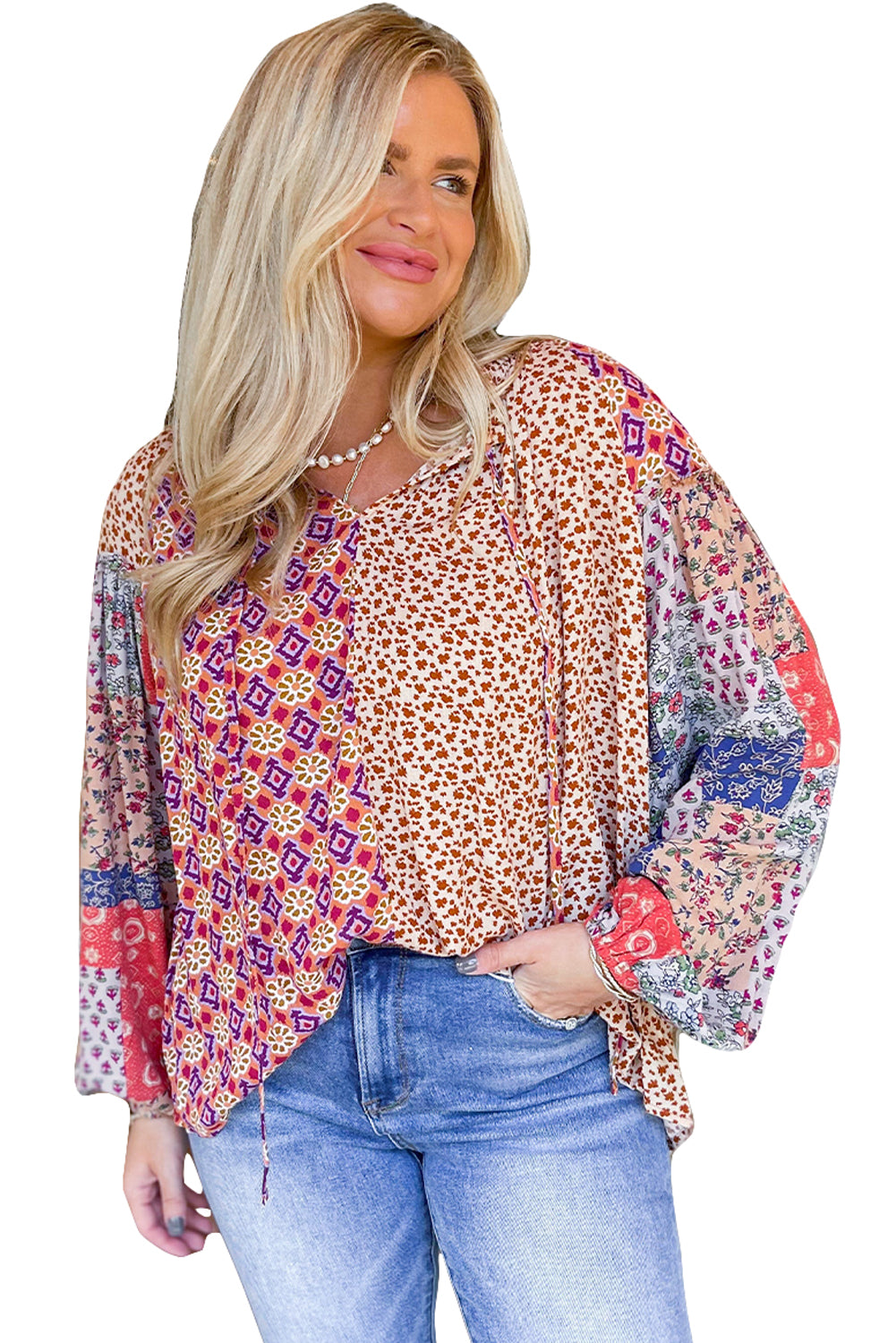 *Website Exclusive* Orange Mixed Floral Patchwork Long Sleeve Tie V Neck Blouse